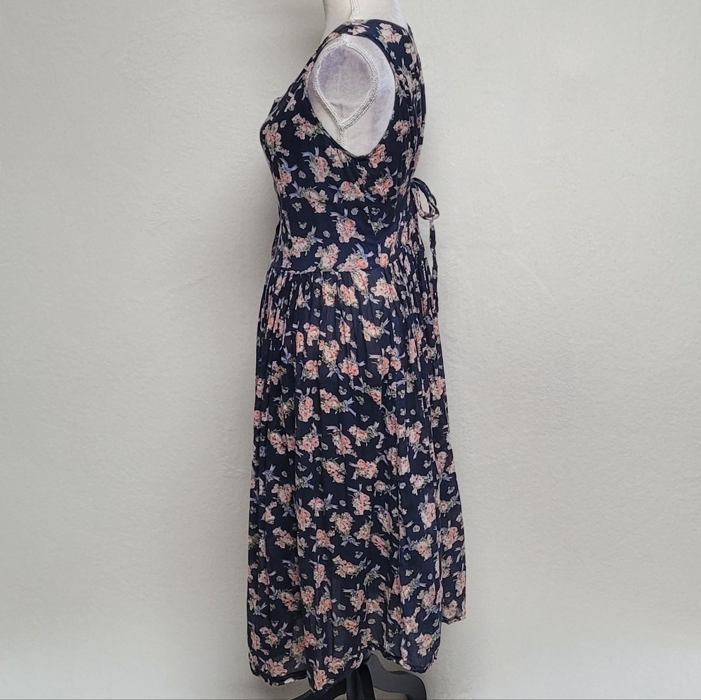 1970s Vintage Sita Blue Pink Floral Scoop Neck Tie-Waist Fit & Flare Midi Dress - Picture 7 of 12